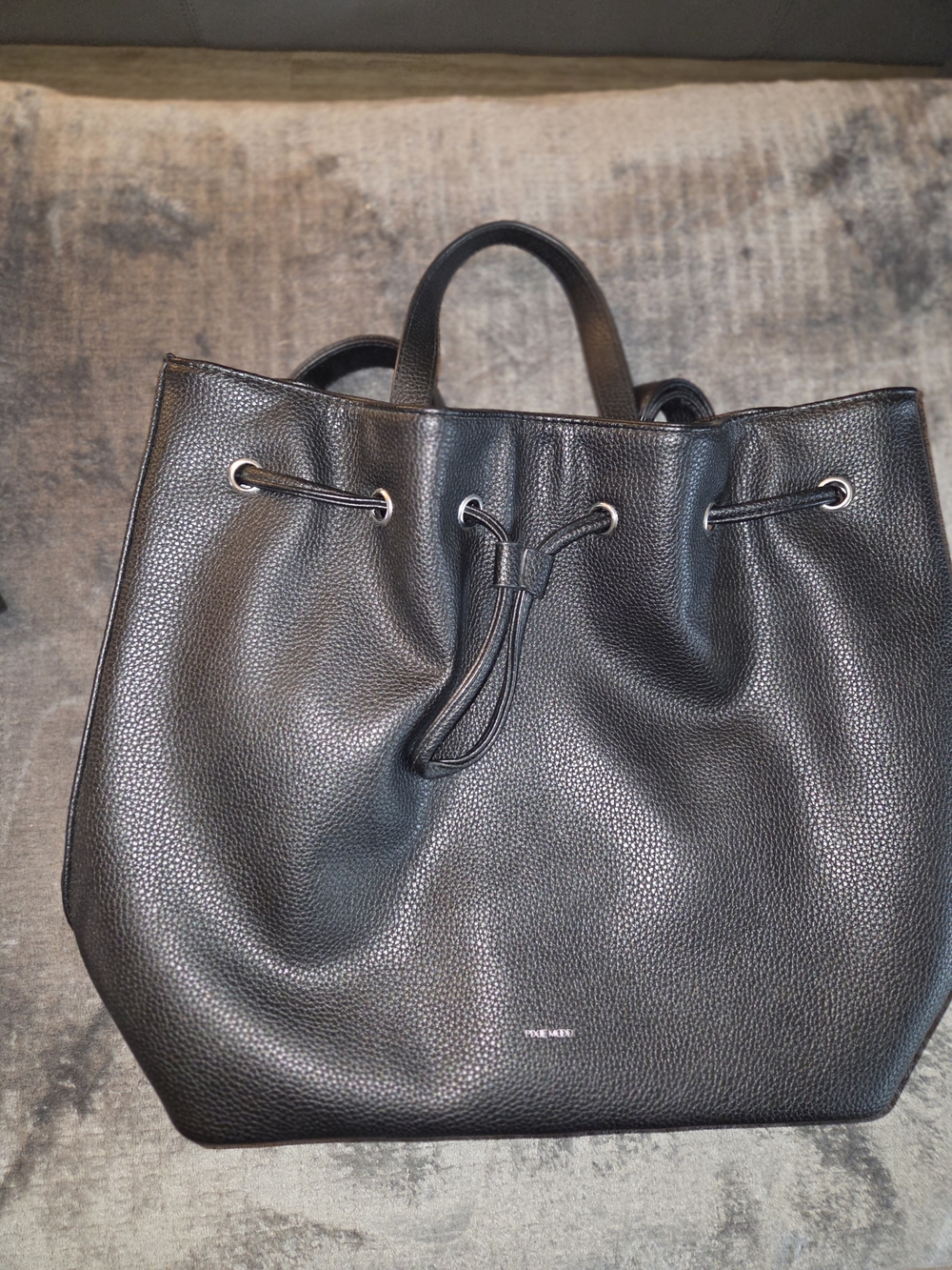 Pixie Mood Black Pebbled Leather Drawstring Backpack